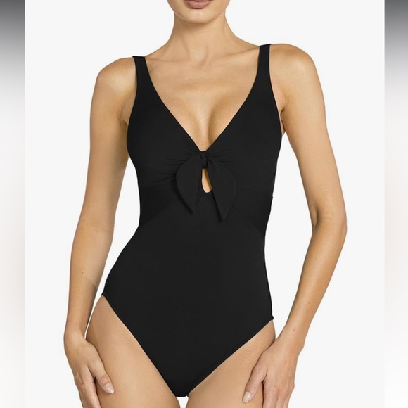 Robin Piccone Ava Plunge Neck Tie-Front One Piece Swimsuit